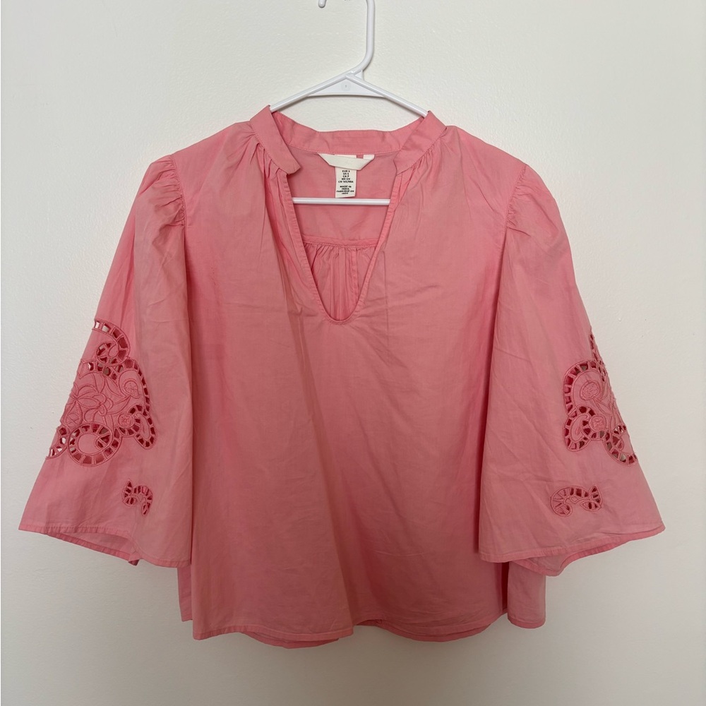 H&M Pink Boxy Blouse with 3/4 Sleeves and Mandarin Collar